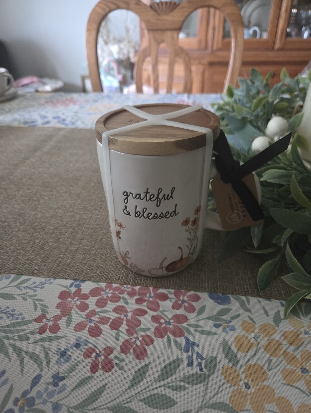 Rae Dunn White Ceramic 'grateful & blessed' Mug with Wood Lid - Picture 6 of 6